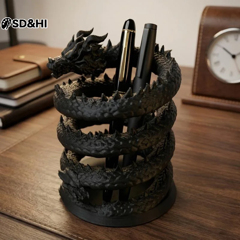 3D Printed Cool Black Dragon Pen Holder Creative Desktop Statue Realistic Spiral Coiled Storage Holder