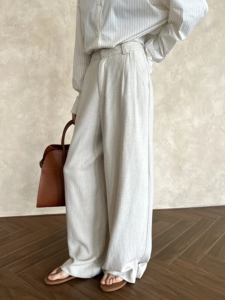 [LANMREM] Linen High Waist Suits Pants For Women Solid Straight Office Lady Trousers Vintage Clothes 2024 Summer New 26D8951