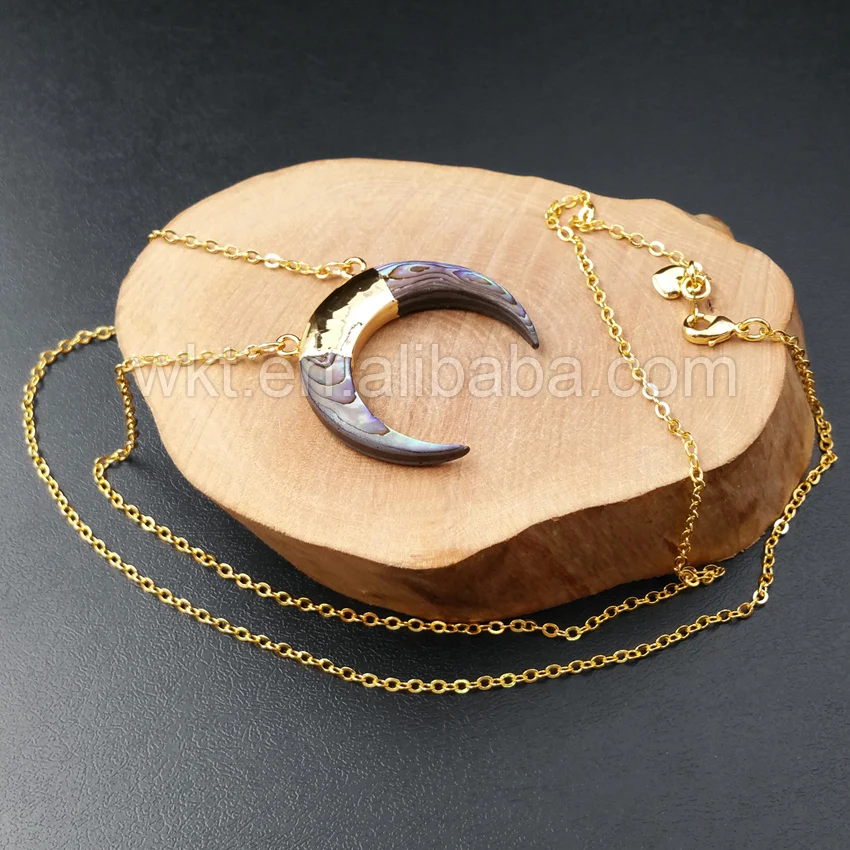 WT-N836 WKT Wholesale Natural high quality Abalone shell crescent horn necklace 24k gold color abalone crescent necklace
