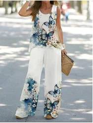 Simple Sleeveless Printed Vest Long Pants Set Women Summer Fashion Round Neck Casual T-Shirt Top Loose Pants Suit Clothes