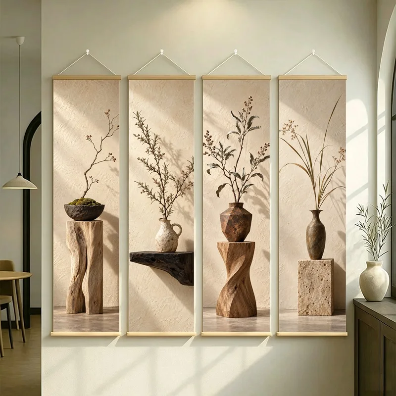 Wall Art Dried Rosemary and Dried Sage, Serene Wabi-Sabi Botanical Silver Shimmer Canvas Hanging Scroll for Spa Room Decor