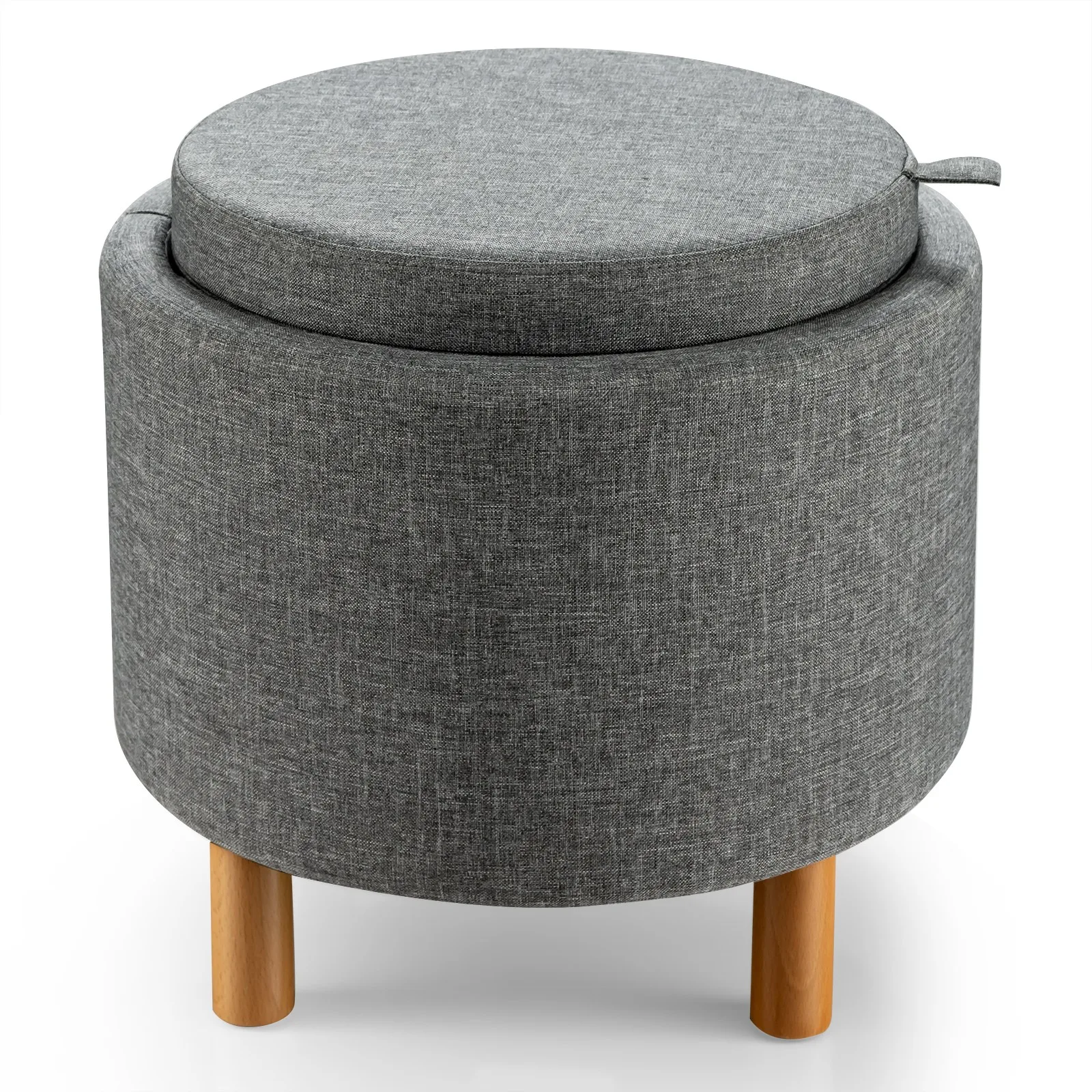 Round Storage Ottoman w/Wood Legs w/Tray Top Accent Padded Footrest Gray