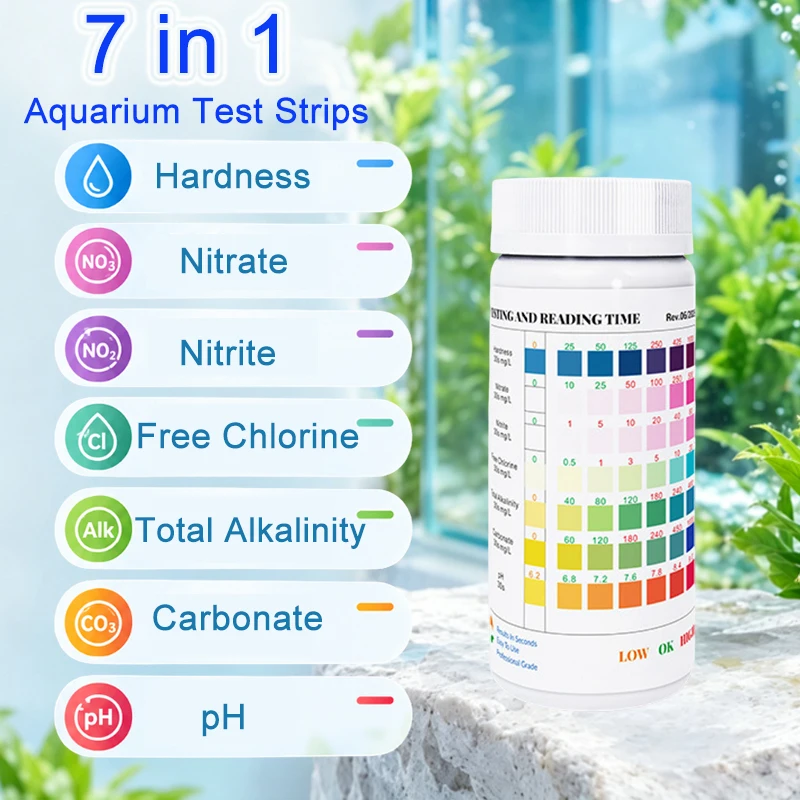 50 Stück/Box Aquarium-Teststreifen Wasserqualitätsteststreifen 7-in-1 Aquarium-Testkit für Süßwasser- und Salzwasser-Aquarien PH-Teststreifen – Detail 5