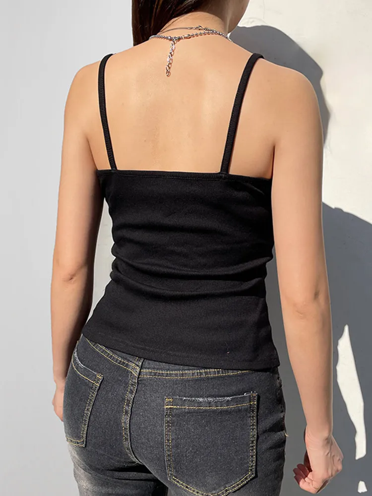 Sexy Folds Buttons Sleeveless Crop Top Black Vintage Y2K Corset Tops  Casual Basic T-shirt