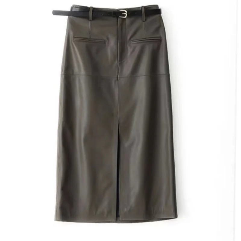 تنورة نسائية من الجلد الطبيعي طويلة ميدي بفتحة مستقيمة تنورة راقية أنيقة للتخسيس للربيع والخريف تنورة من جلد الغنم #3