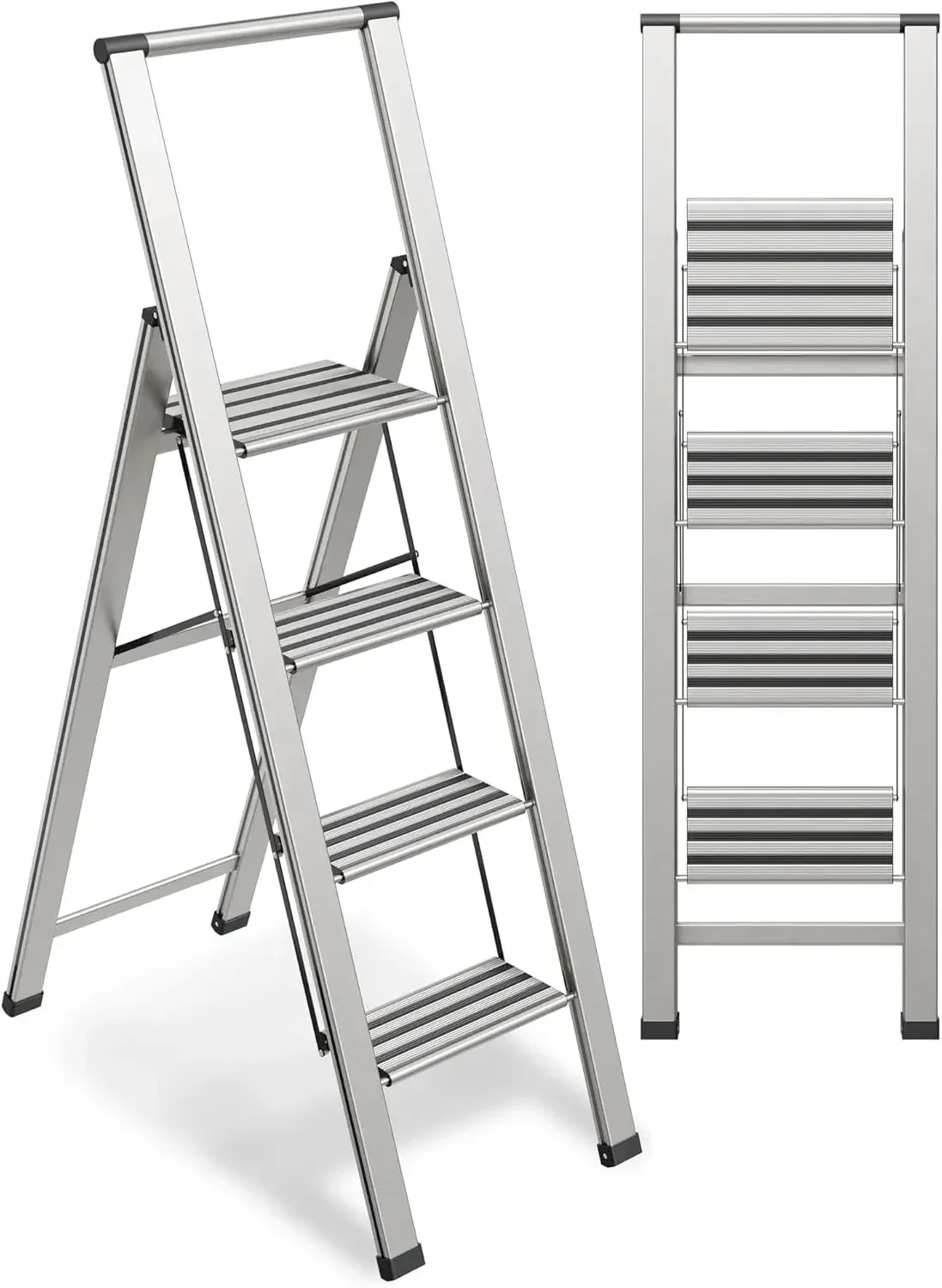 

Step Ladder 4 Step Folding, Decorative - Modern Beautiful Aluminum, Ultra Slim Profile, Anti Slip Steps Sturdy-Portable for Home
