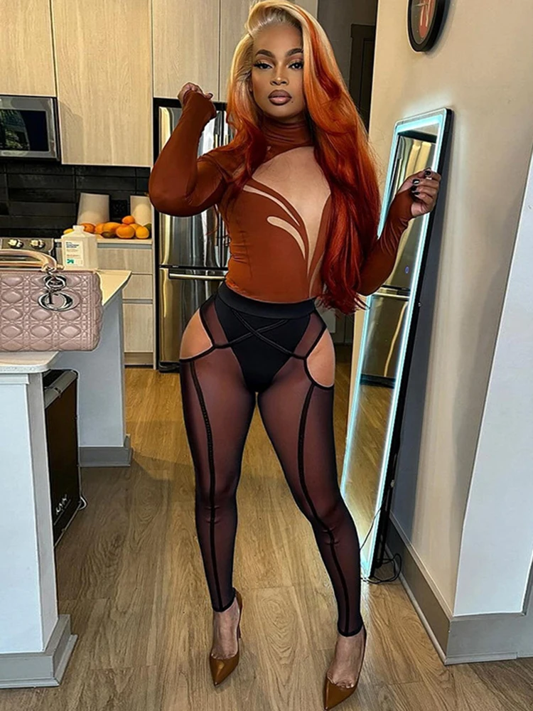 

Sibybo Mesh Patchwork Skinny Pencil Pants For Women Fashion Hollow Out High Waist Party Clubwear Bottoms Sexy Slim Trousers