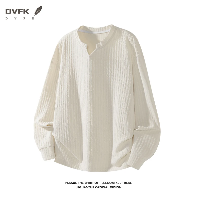 Men Vertical Texture Long Sleeve Henley Shirt Notch V Neck Loose Fit Breathable Casual Daily Top
