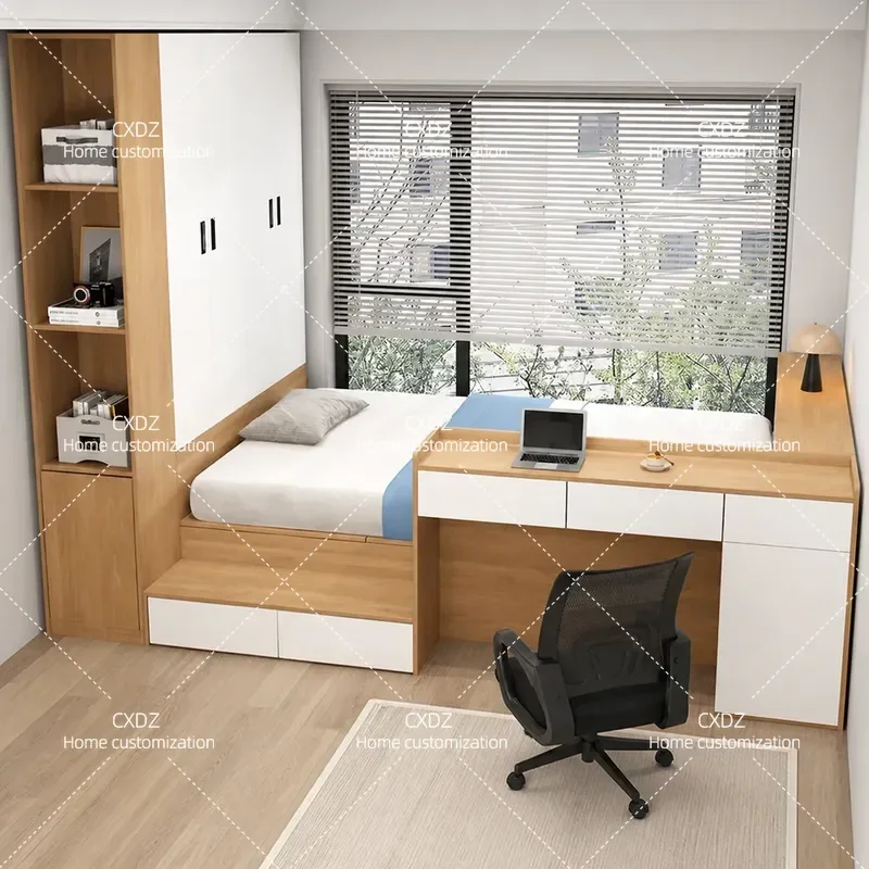 Small apartment high box tatami with desk bed wardrobe integrated bed combination plate type pedal meter small room single