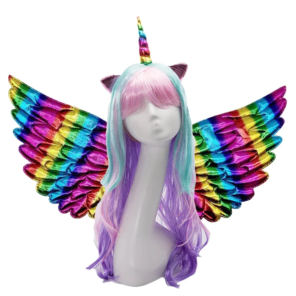 

Girls Unicorn Cosplay Hairband Kids Dress UP Wigs Princess Fancy Outfits Accessories Baby Girl Rainbow Braid Synthetic Hair