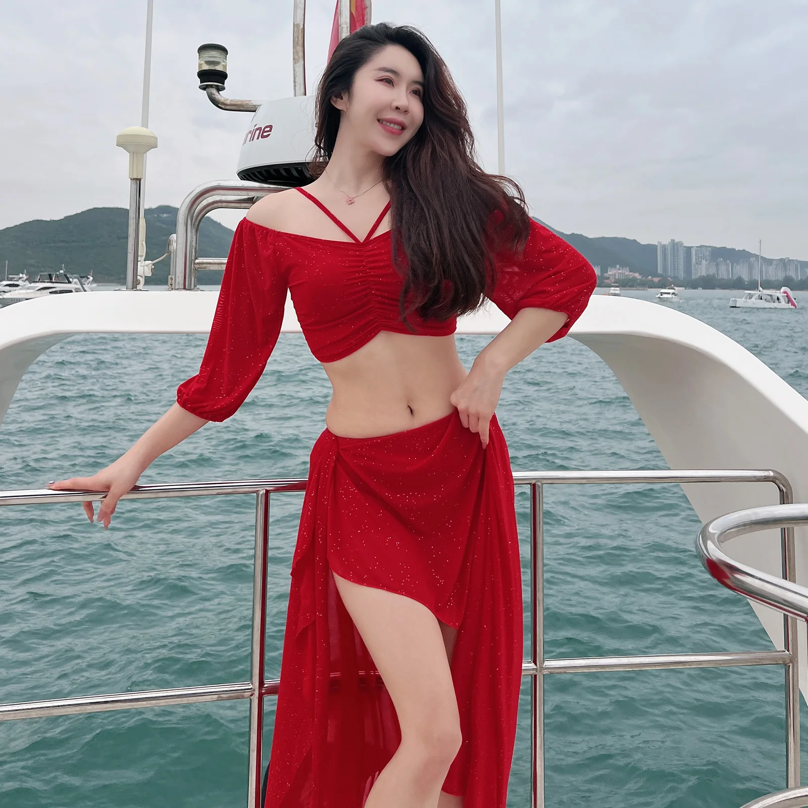 

Belly Dance French Court Style 3pcs Set with Safety Shorts, Long Skirt and Top, Oriental Dance Performance Uniform for Women