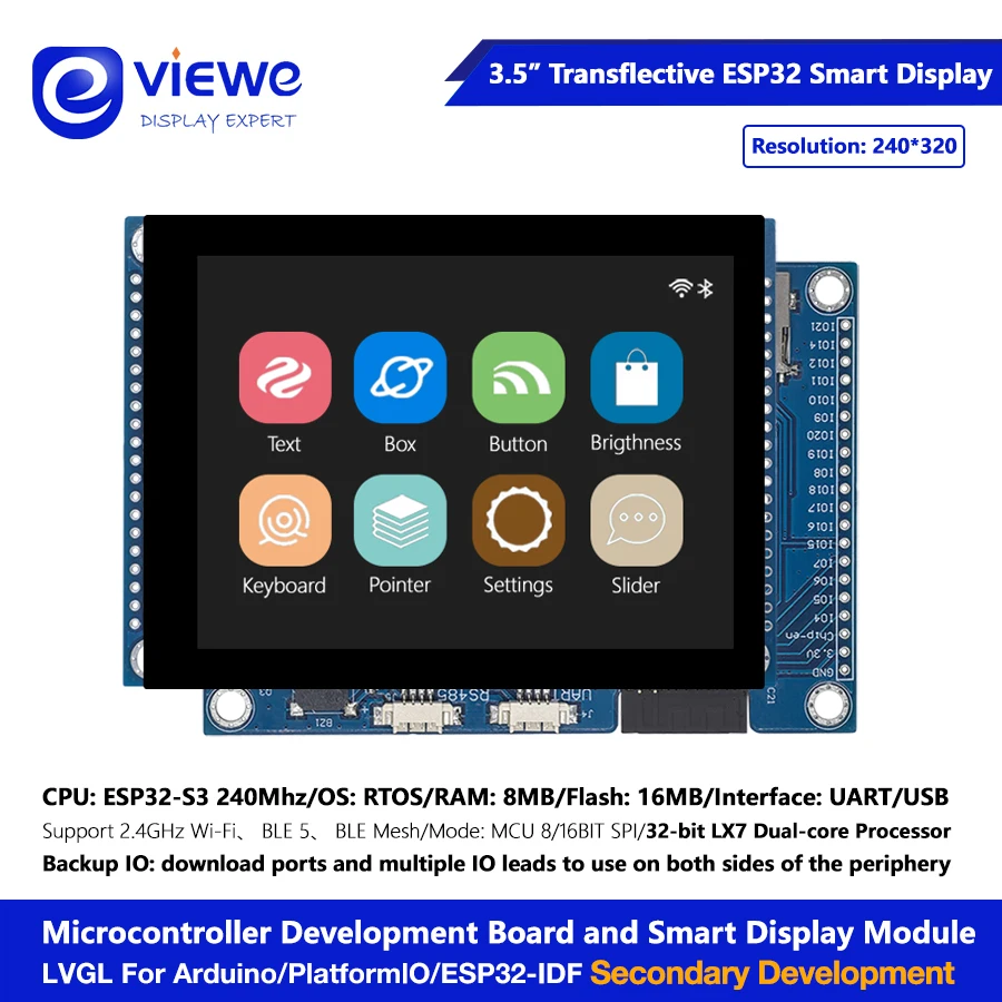 Transflexo tft lcd 3.5 polegadas 240x320 320x480 esp32 s3 placa dual core lvgl hmi 16m flash ardu-ino wifi & blles lcd módulo tft