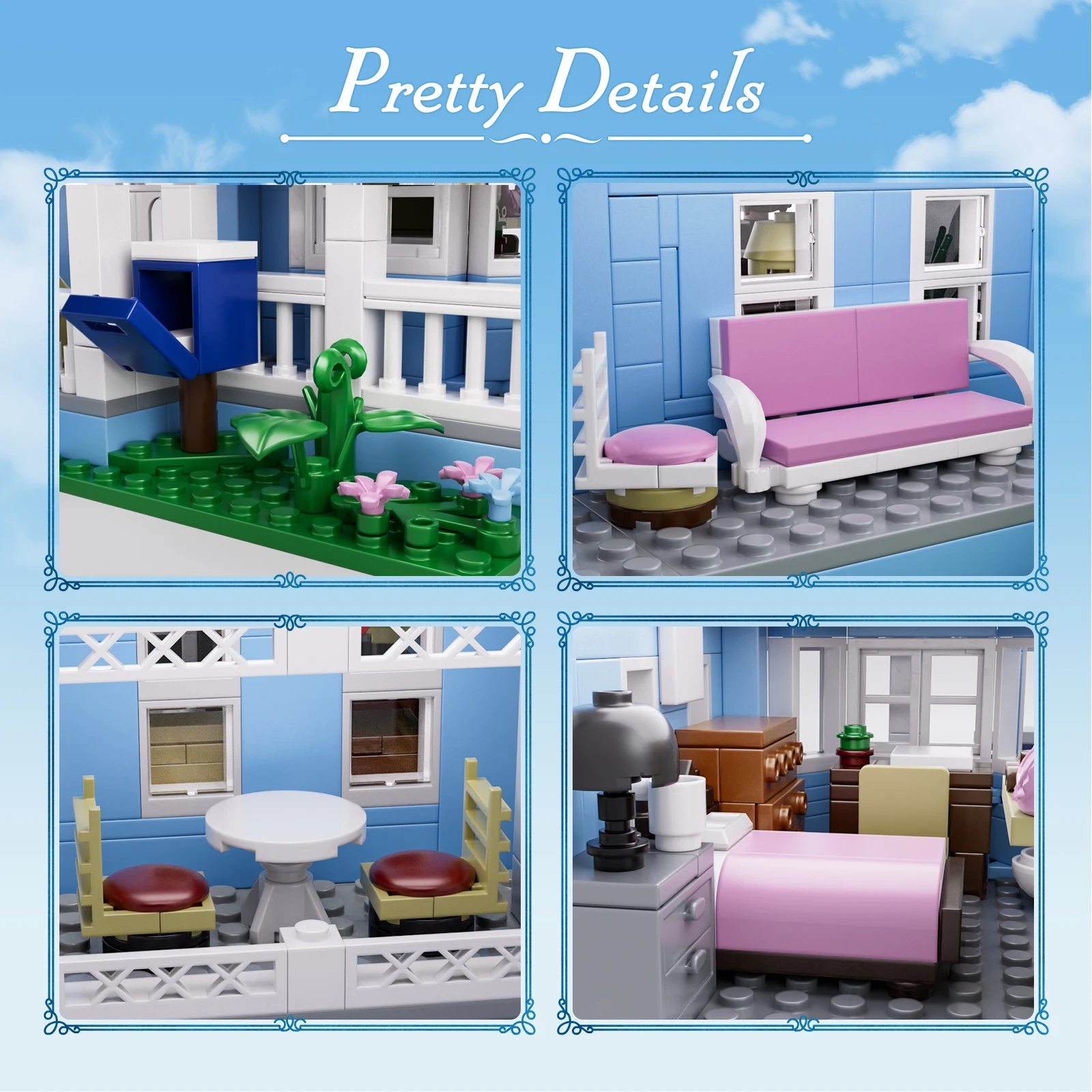 مجموعة مكعبات بناء قصر الفيلا الزرقاء Gilmoreed Girl's House Apartment Cottage Architecture Model Bricks هدايا للفتيات والفتيان