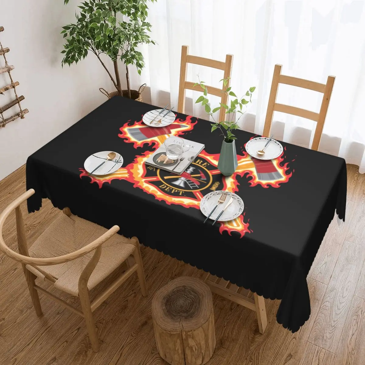 Customized Firefighter Cross Rectangular Tablecloth Waterproof Table Cloth Fire Rescue Fireman Table Cover