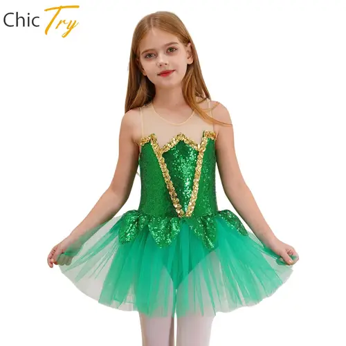 Vestido de baile de Ballet para niñas, lentejuelas verdes, tutú de malla de elfo de Halloween, leotardo de gimnasia, patinaje artístico, disfraz de actuación de danza moderna
