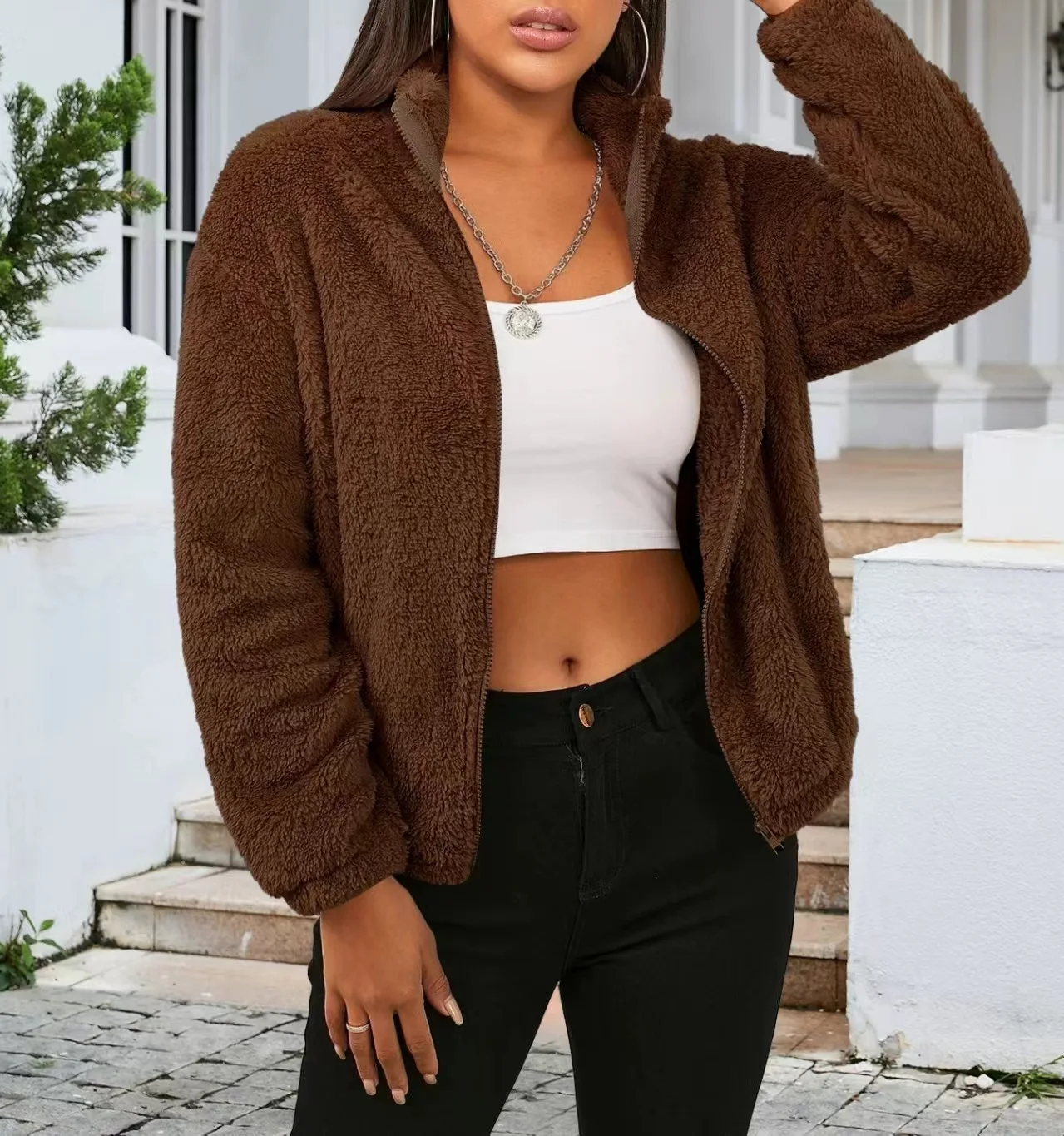 

2025 зимняя женская теплая куртка на молнии, кардиган с длинными рукавами, модный плюшевый топ, однотонное уличное универсальное пальто для женщин