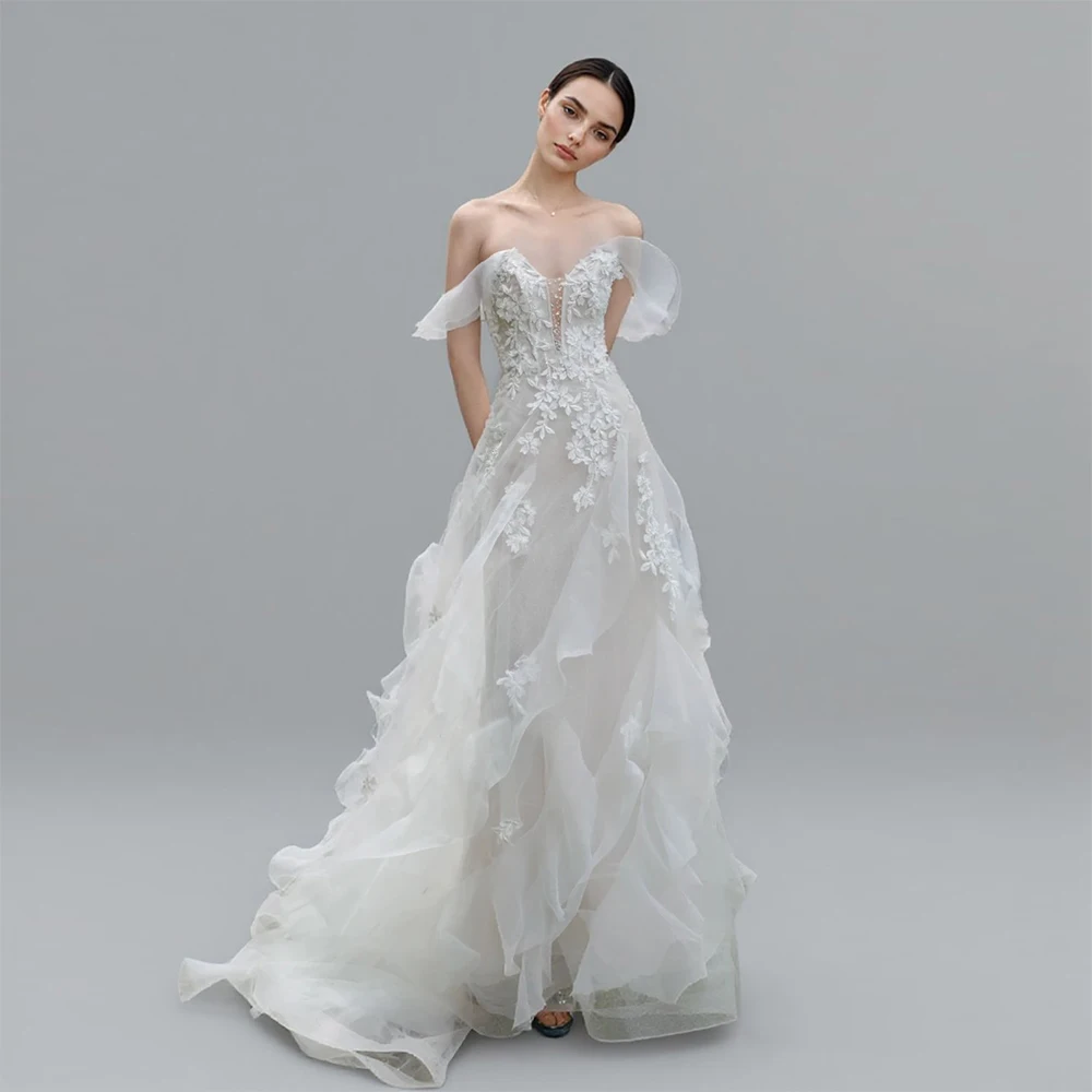 

ESBRIDE White Off-the-shoulder Floral Embroidered Wedding Dress Multi-layered Tulle Skirt Elegant Romantic Bridal Dresses