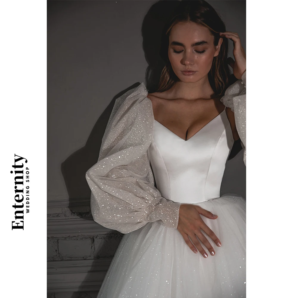 Vestidos de casamento simples personalizados, glitter, tule, decote em v, vestidos femininos, alças espaguete, cetim, vestidos de noiva para mujer