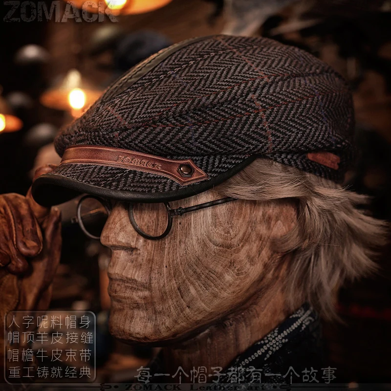 

Handmade British Peaked Cap Men's Retro Beret Women's Winter Warm Painter Advance Hats Middle-Aged Elderly Herringbone Woolen