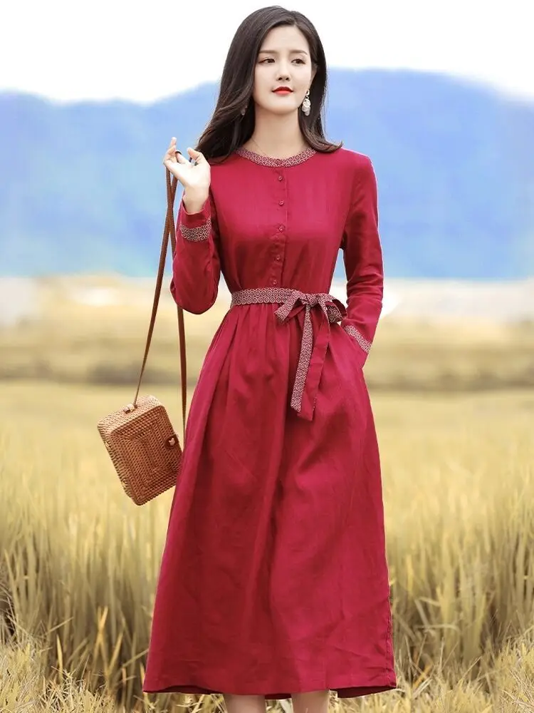 Ethnic Waist Slimming Dress Retro Style Lace-up Cotton and Linen Long Skirt