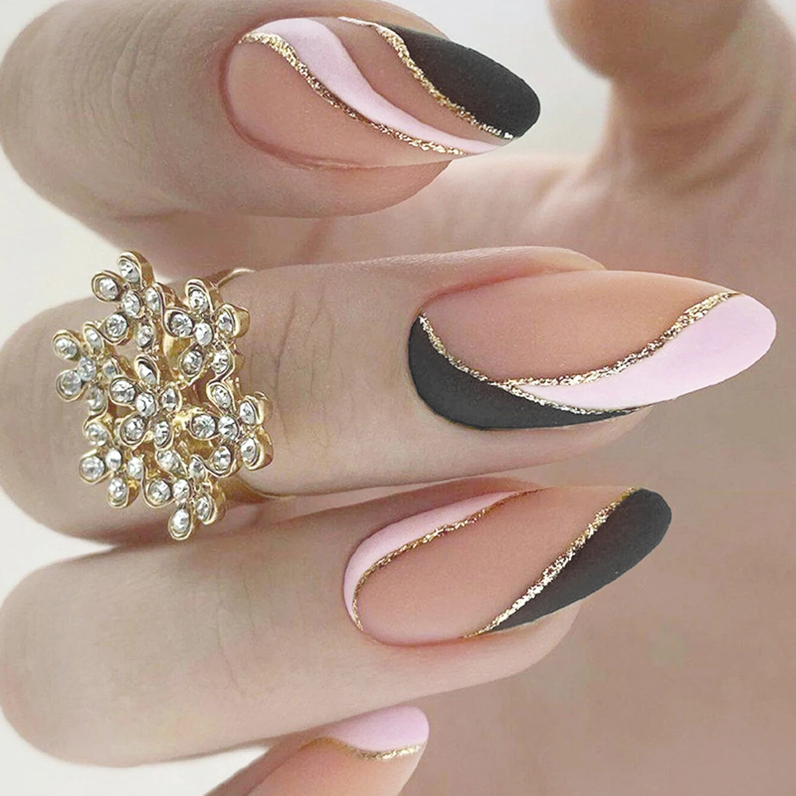 French Nude Fake Nails with Pink Black Decor Charming Comfortable to Wear Manicure Nails for Stage Performance Wear