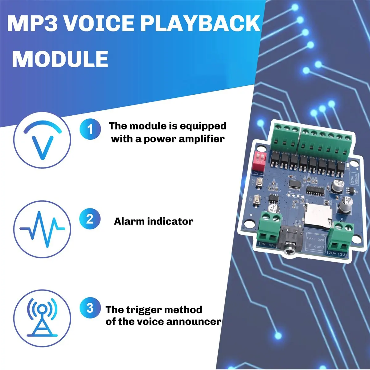 DC 12V MP3 Voice Player Module with Power Amplifier, Alarm Prompter, Voice Broadcaster, Trigger Mode, Multi-Mode