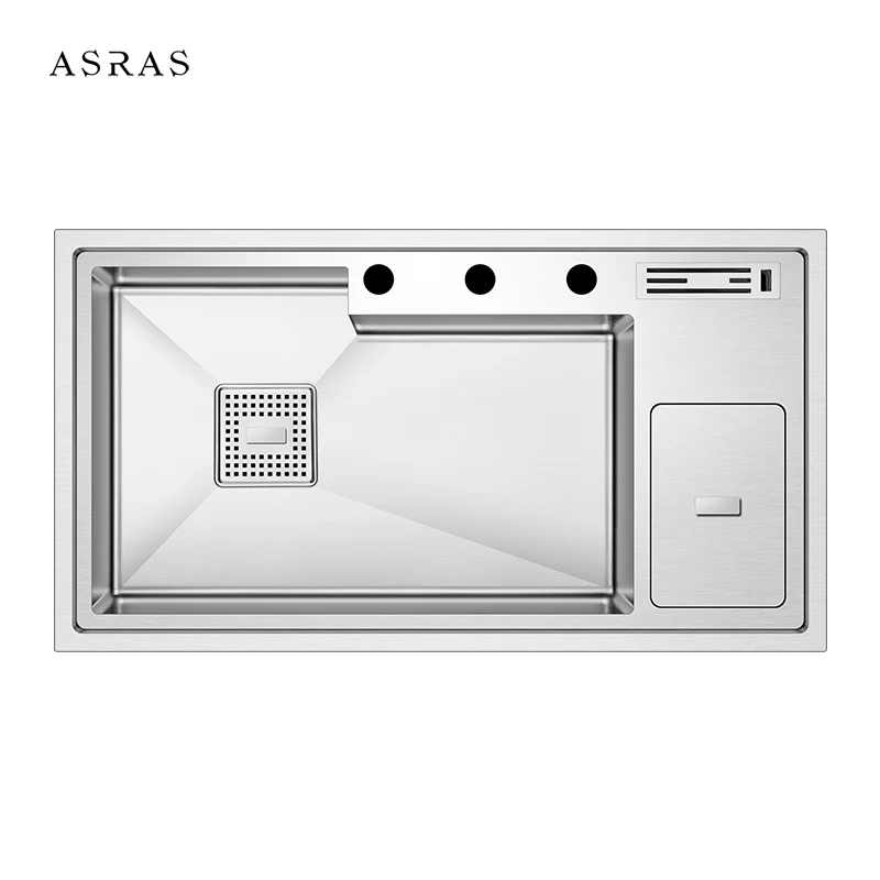 Asras  8848L SUS304 handmade kitchen sink multipurpose  trash bin fine brushed with drainer and  tap 