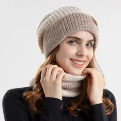 Conjunto de gorro de punto para mujer, calentador de cuello de lana, mezcla de colores, conjunto de bufanda, gorros de calavera holgados de punto cálido para deportes al aire libre, Invierno