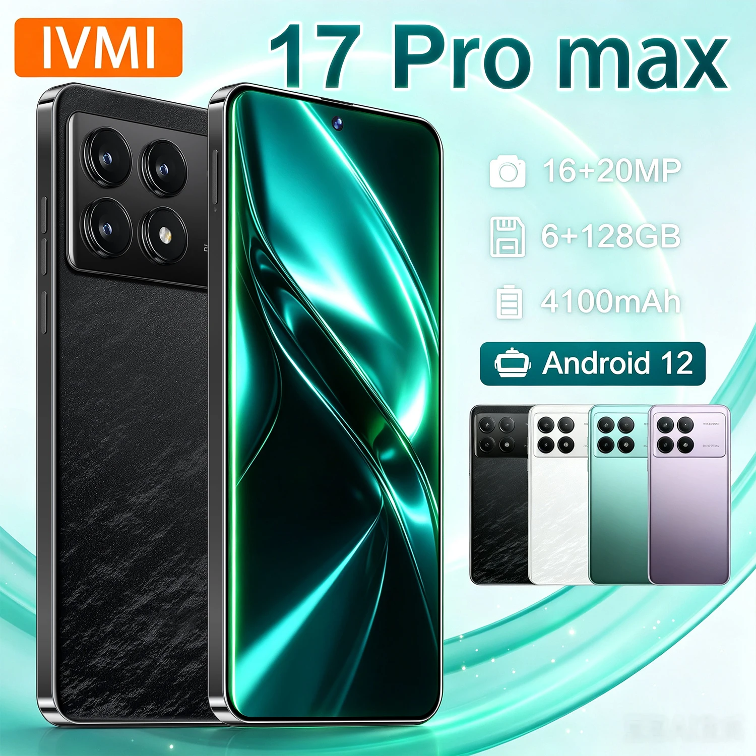 IVMI Global Vision 17Pro Max 4G Network Dual SIM Face Unlock Smartphone 6.99Inch Android12 6GB RAM 128GB ROM 20MP Mobile Phones