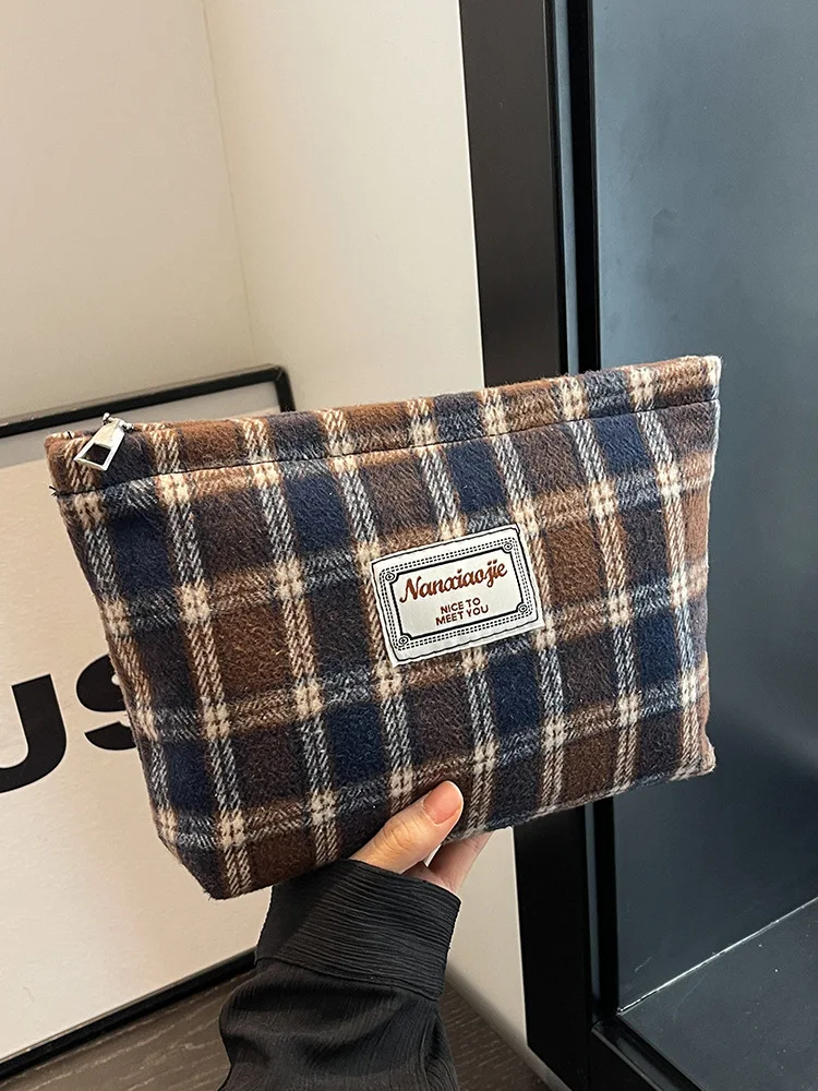 Portable Woolen Plaid Pattern Cosmetic Bags para homens e mulheres, Bolsa de lavagem, Saco de armazenamento de itens multifuncionais, Saco de maquiagem