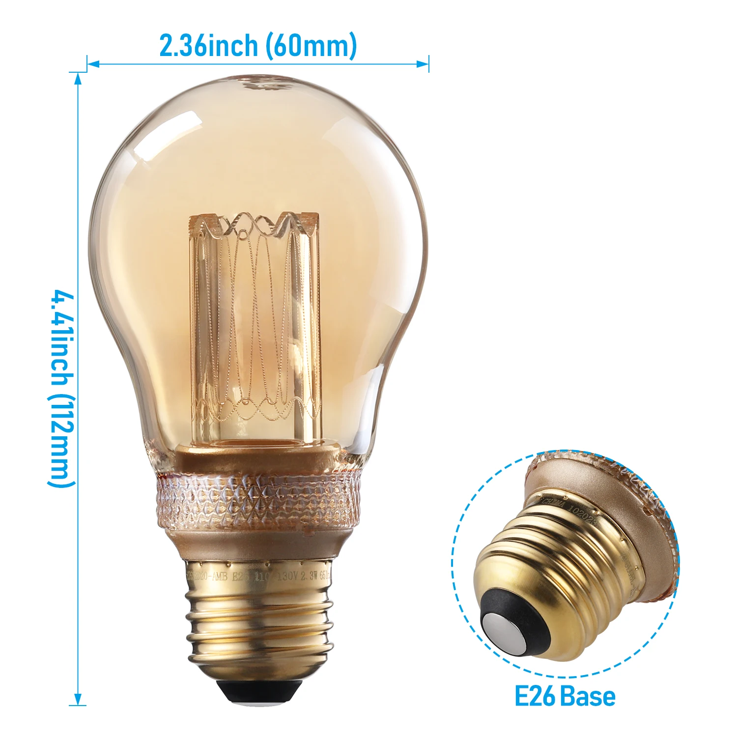 A19 bohlam lampu dekoratif LED, bohlam EdisonBulb Vintage dapat diredupkan 2.3W, kaca Amber, dasar E26, lampu kuning 2000K