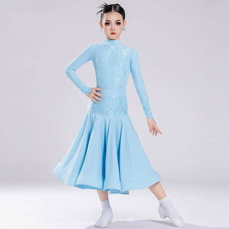 Long Sleeve Blue Ballroom Dance Suit Girl Competition Performance Costume Kid Latin Dance Suit Professional Stage Wear VDL5995