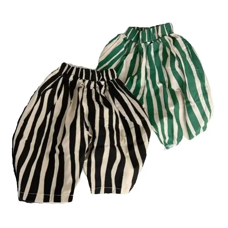 

Korean style striped Wide leg cropped pants for summer boys and girls cotton breathable irregular striped shorts Sweatpants