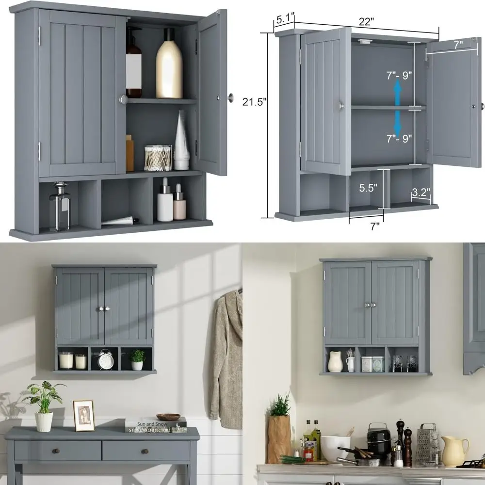 

Grey Wall-Mounted 2-Door Wooden Medicine Cabinet with 3 Adjustable Shelves for Bathroom & Living Room Storage