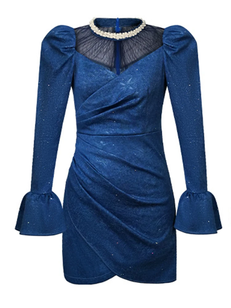 여성 의류 메쉬 시스루 섹시 플레어 슬리브 슬림 숏 드레스 우아한 여성 패션 이브닝 파티 프롬 베스티도 피에스타 캐주얼 신상품