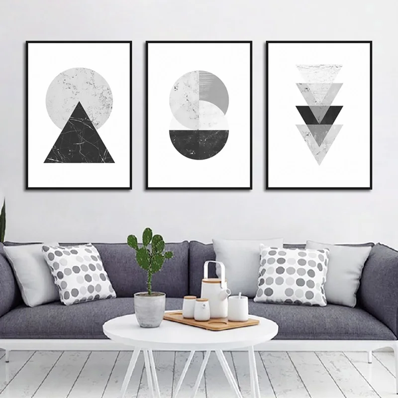 Modern Abstract Black And Gray Geometric In Round Semicircle Triangle Poster Decoration Living Room Decoration Painting