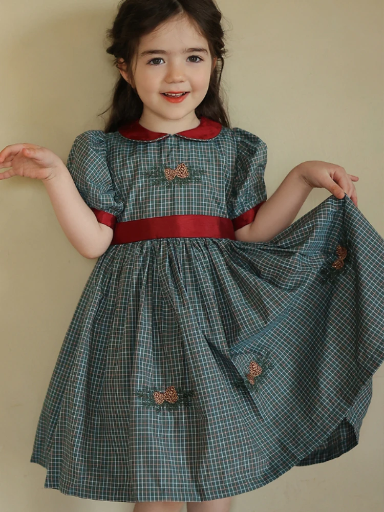 Summer New Handmade Girl\'s Birthday Retro Plaid Lolita Dress Princess Dress Kids Boutique Quality Sweet Dress