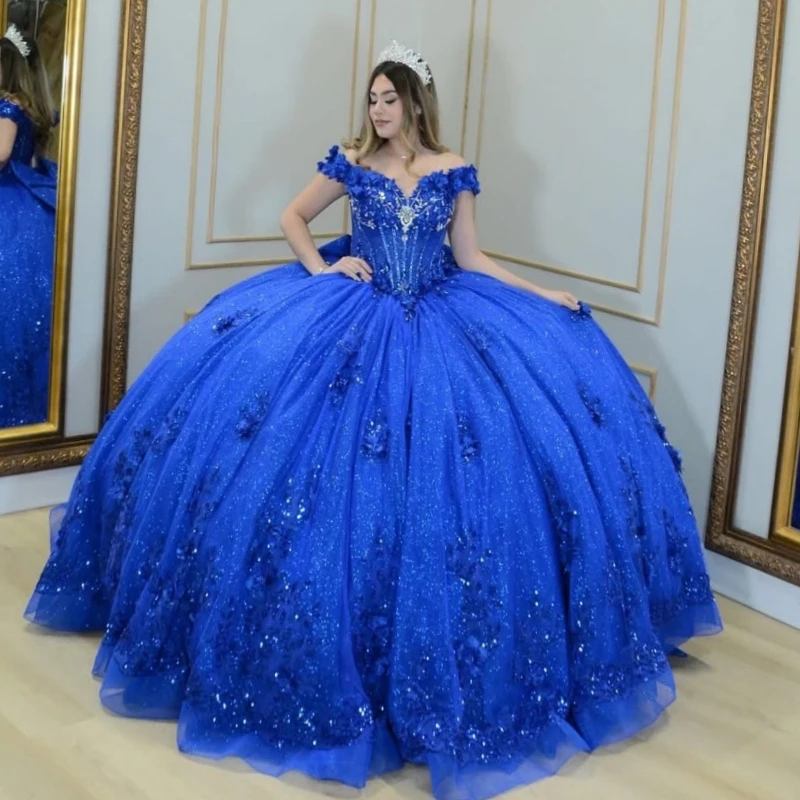 

Royal Blue Quinceanera Dresses Off Shoulder Ball Gown Sweet 16 Dress Applique Flower Beading Crystal Tull Birthday Party Vestido