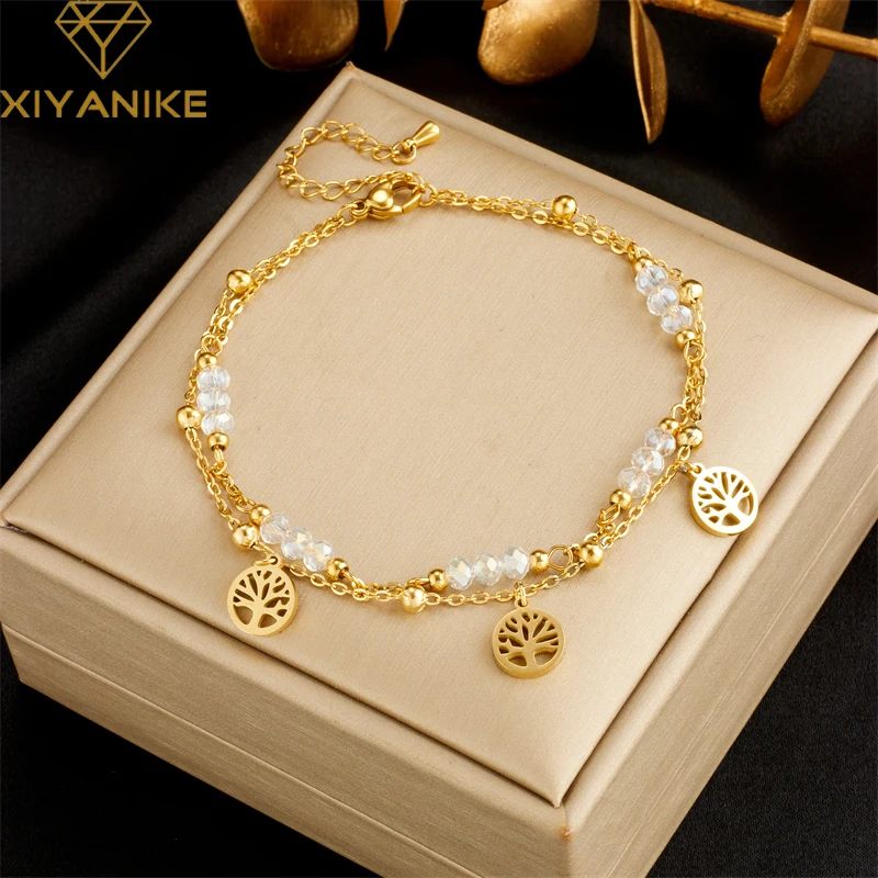 Xiyanike 316l Edelstahl Armband Fußkettchen Leben Baum Anhänger Doppel kette Zubehör für Frauen einfachen Schmuck Geschenk Pulsera