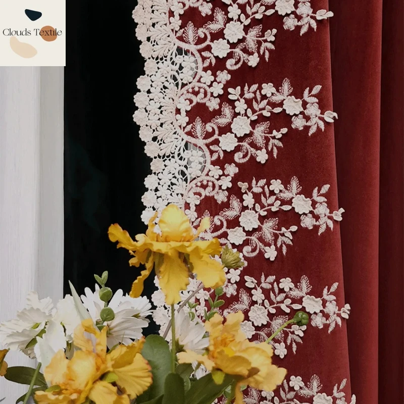 Custom  Size！！French Velvet Vintage Embroidery  Elegant Wine Red Lace Patched Curtains for Bedroom Living Room Decor Window