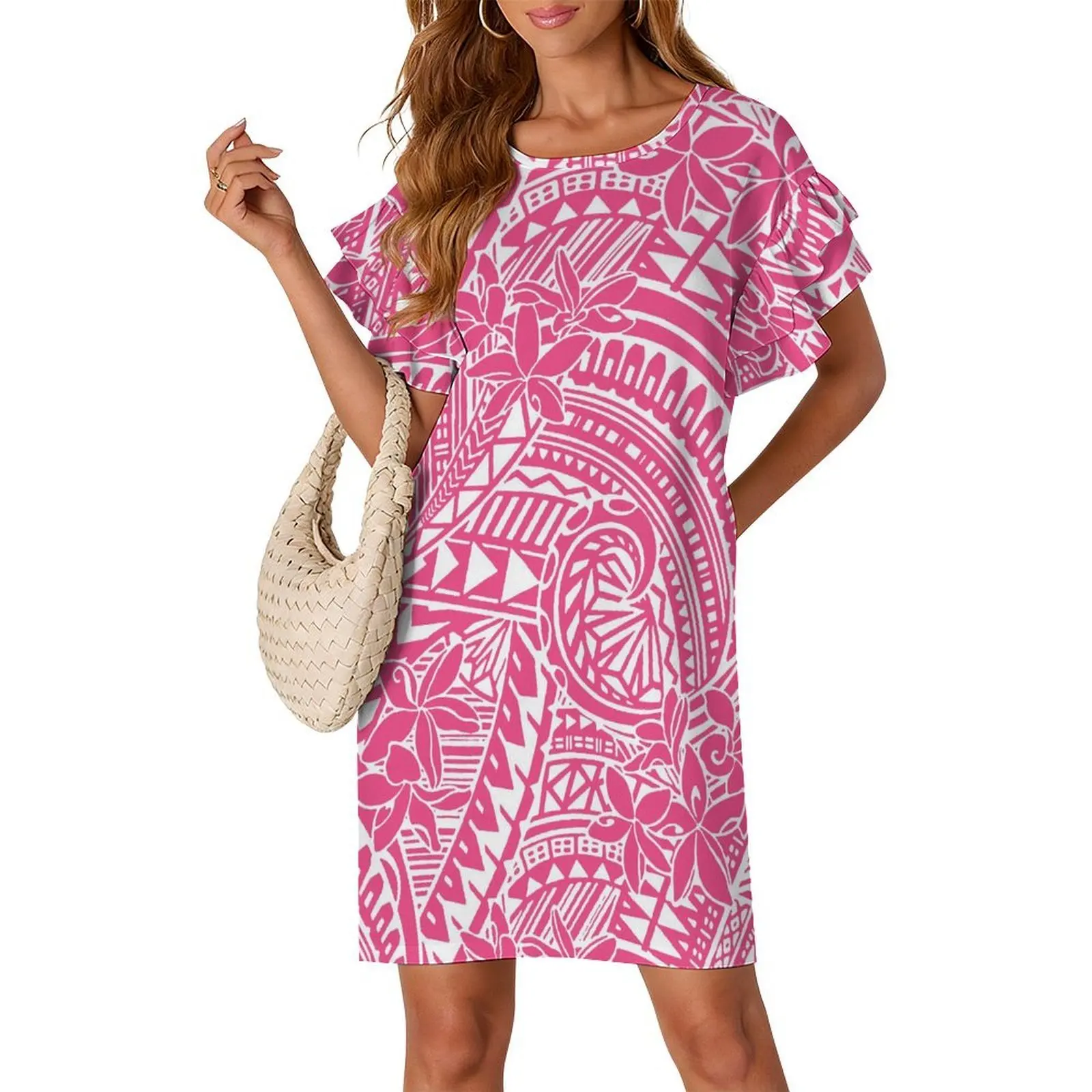 

Casual And Elegant Dress Customized Tribal Ethnic Pattern Polynesian Wholesale Double-Layer Ruffled Sleeve Loose Dress