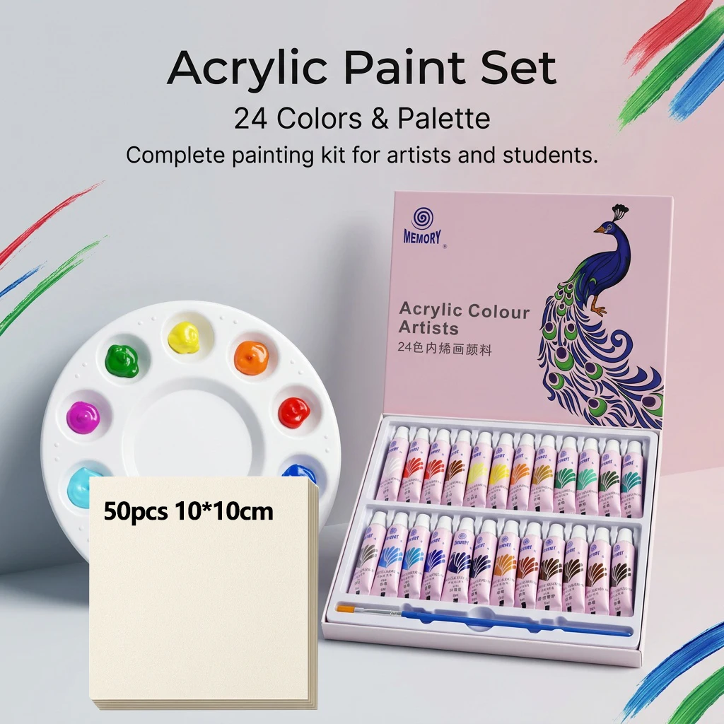 Acrylic Painting Kit 12/24 Colors 5ml Each Palette And 50 Sheets 10x10cm Watercolor Paper Suitable for Students Painting Set