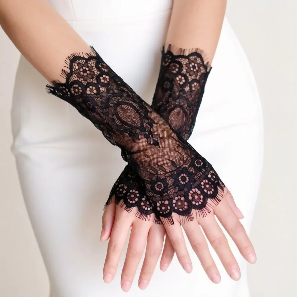 Exquisite Pearls Decoration Fingerless Lace Gloves Mesh Ruffle Edge Bridal Arm Sleeves Thin Solid Color Wedding Gloves Cosplay