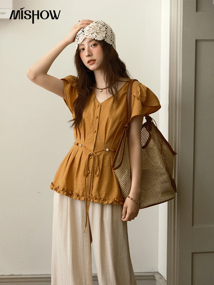 

MISHOW Women's Petal Sleeve Slim Shirt 2025 Summer New V-neck Button Bead belt Black Fungus Edge Top Ladies Clothing MXE39X1881