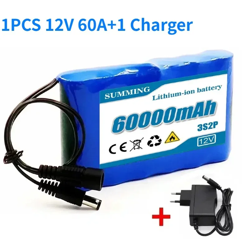 12.6V 60Ah Super Rechargeable Li-ion Battery Pack with Charger, 3S2P Protection, 18650/21700 Cell for Power Tools/CCTV