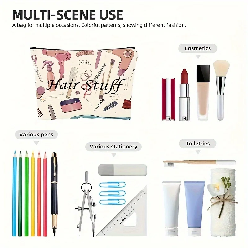 Stylish Hairdresser Design Makeup Travel Bag - Zipper Closure Foldable Toiletry Organizer with Hairstyling Tools Pattern