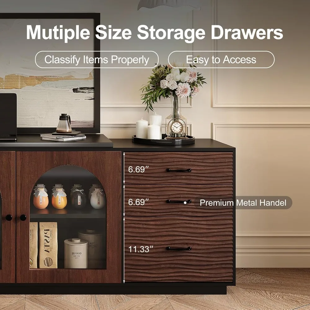 قابل للسحب على شكل حرف L 90 ° مكتب دوار (65.75 بوصة - 4.48 بوصة قابل للتعديل)، 3 أدراج وأقدام جانبية للتخزين، باب خزانة زجاجي مقوس #3