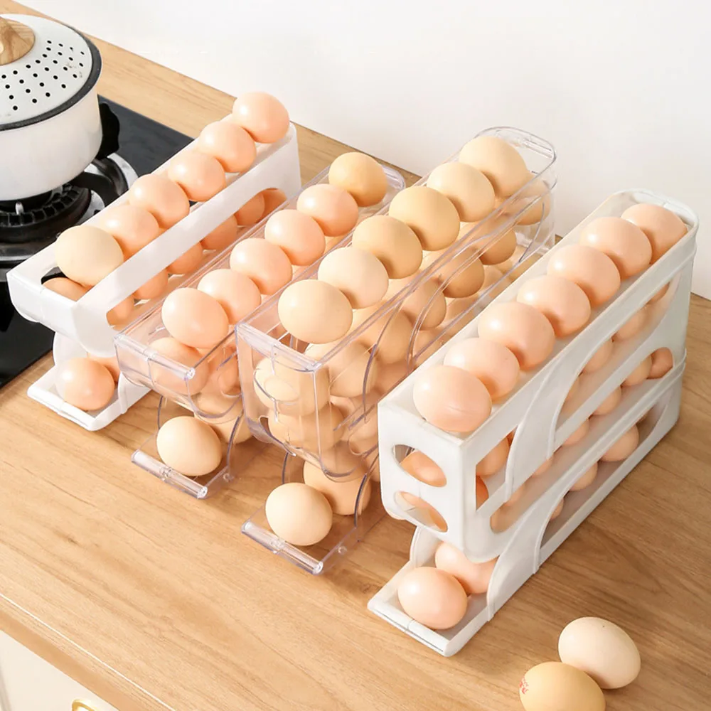 3/4 Tiers Egg Holder For Fridge Large Capacity Automatic Scrolling Egg Rack Egg Storage Box Space-Saving Egg Dispenser Holder