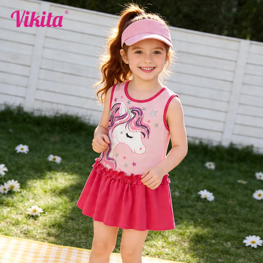 Ärmelloses Einhorn-Cartoon-Sommerkleid für Mädchen, rosa, weiche Baumwolle, lässig, täglich, Rüschen-Outfits, Kinderkleidung