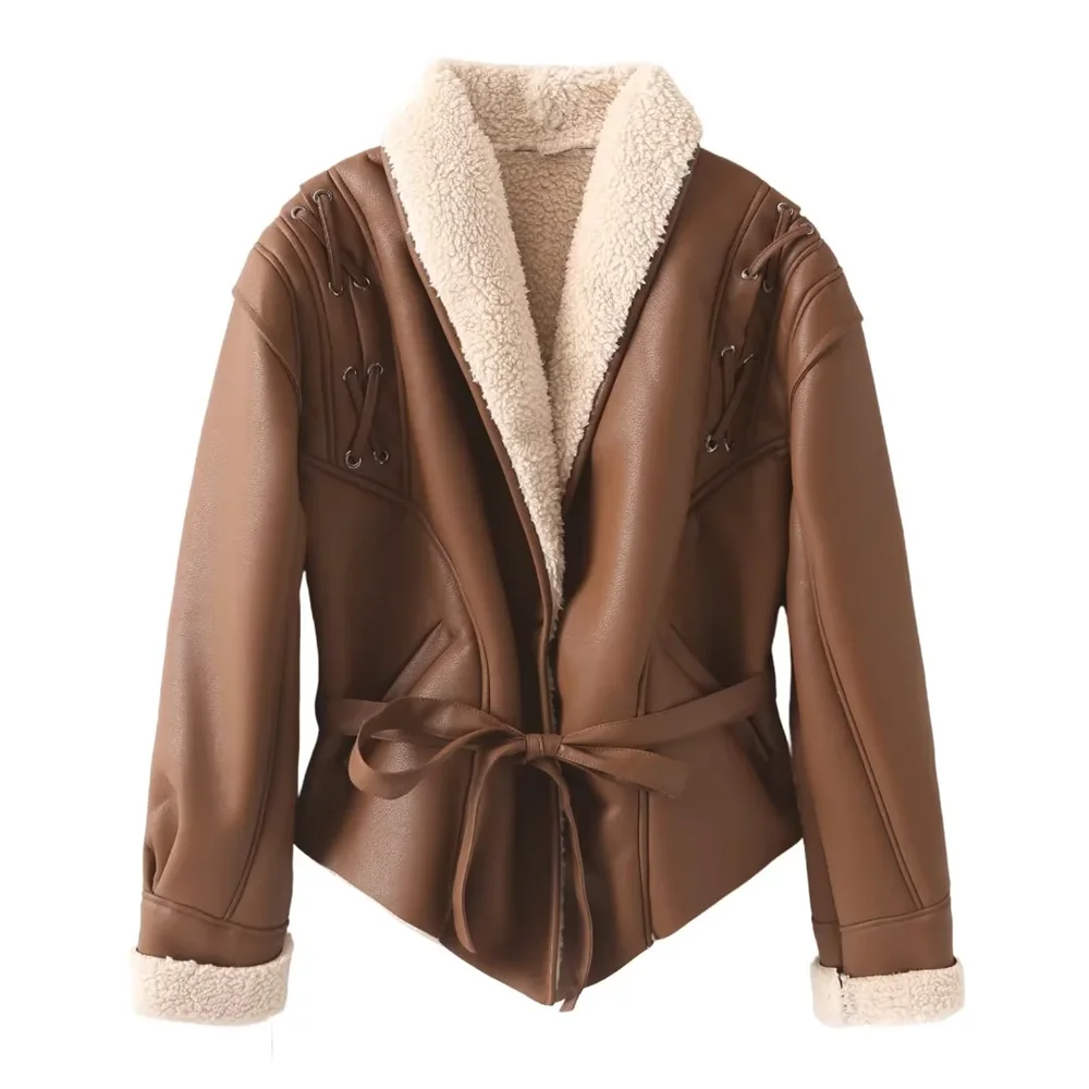 

2024 Winter Style New Women's Retro Ins Style Suede Lamb Wool Jacket Casual Strap Short Coat